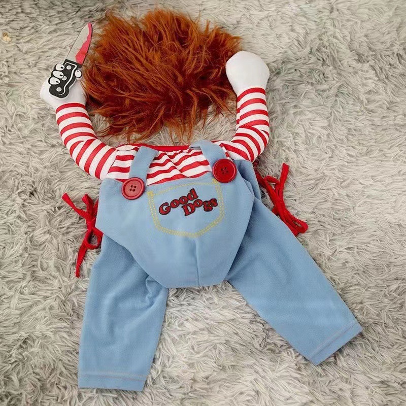Killer Doll Style Dog Costume Striped Shirt with Overalls and Knife Accessory